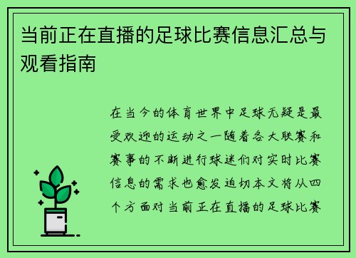 当前正在直播的足球比赛信息汇总与观看指南